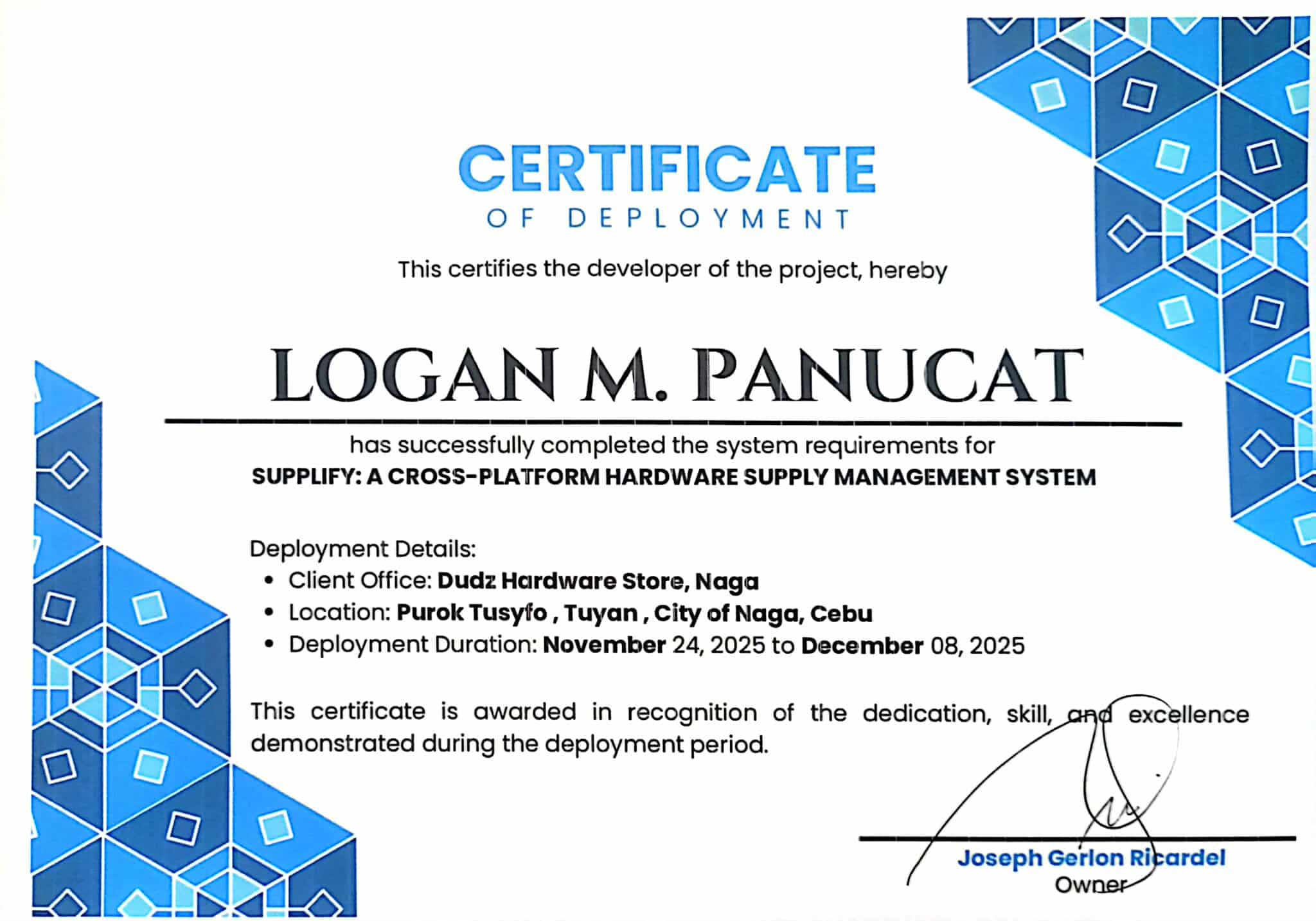 Certificate of Deployment - Logan M. Panucat