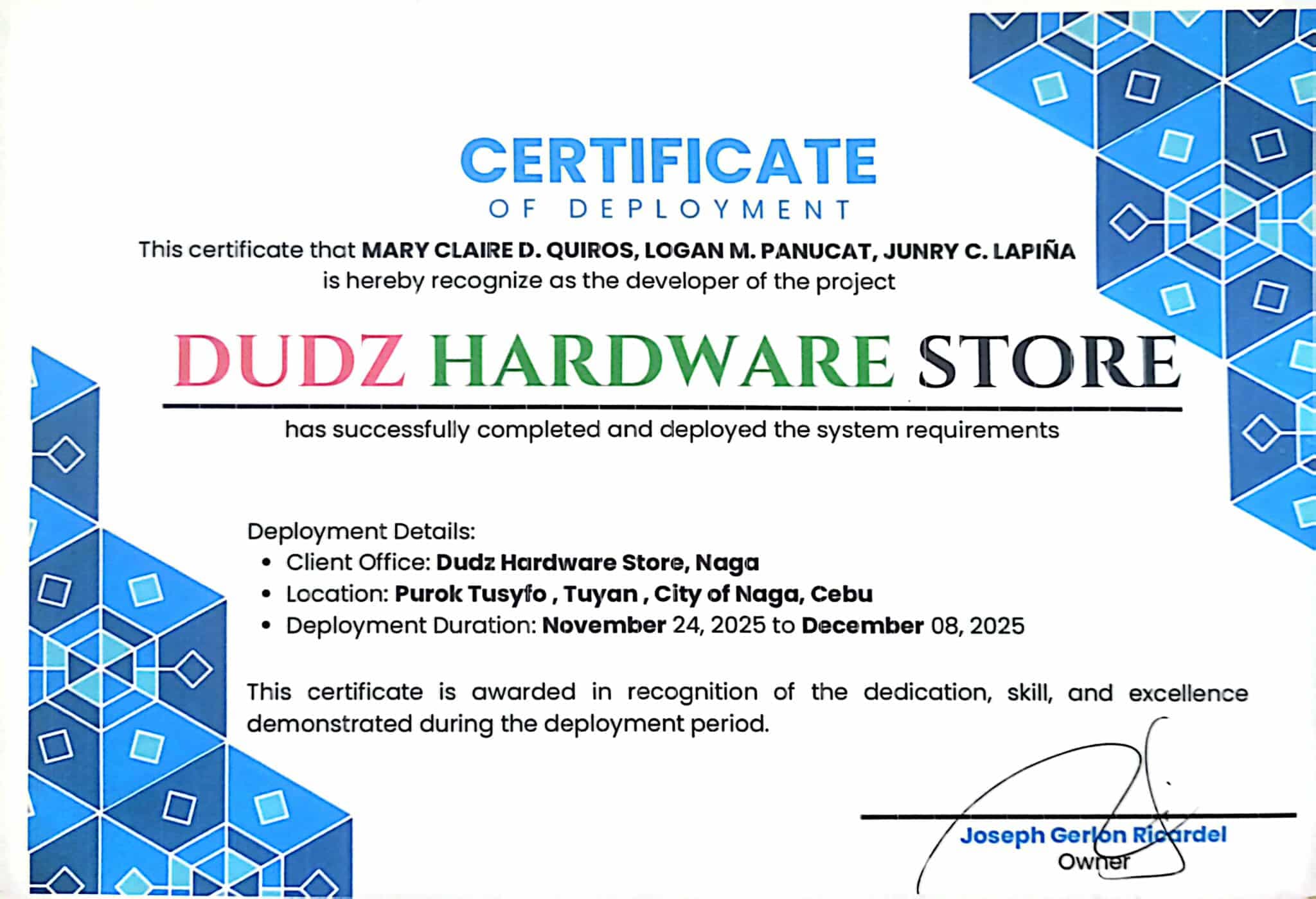 Certificate of Deployment - Dudz Hardware Store